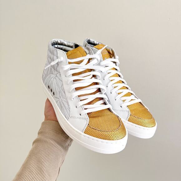 P448 Palm High Top Lace Up Round Toe Sneakers White/Gold 37 - Picture 3 of 10